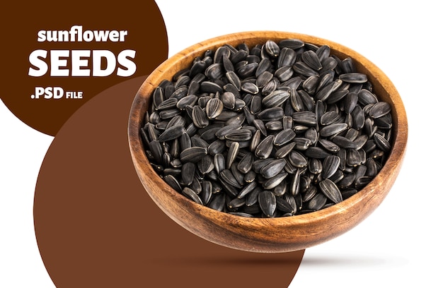 Black sunflower seeds in wooden bowl