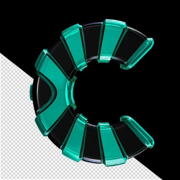 black symbol with turquoise vertical straps letter c