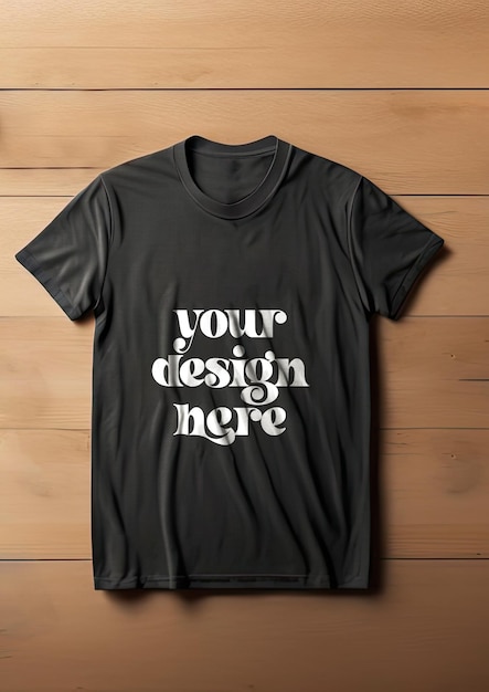 A black t shirt mockup design on brown wood table