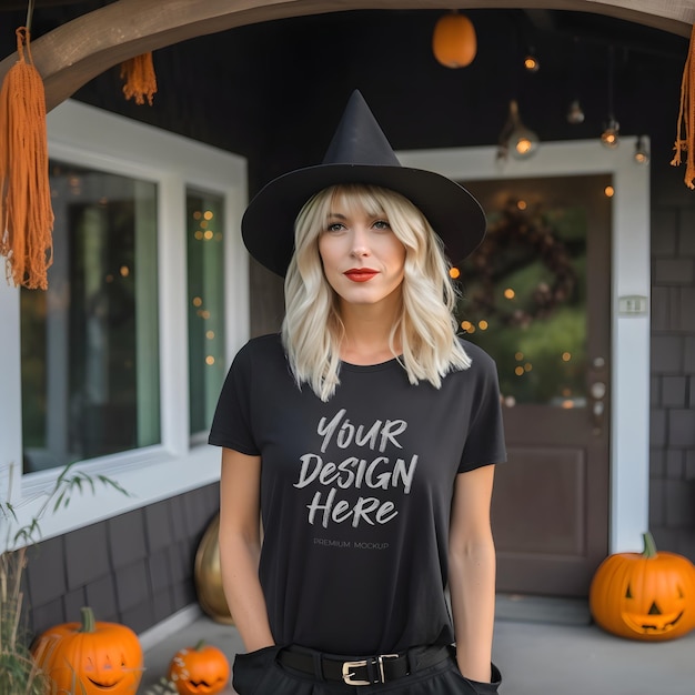 PSD mockup di maglietta nera per un costume da strega di halloween con una bellissima giovane donna bionda