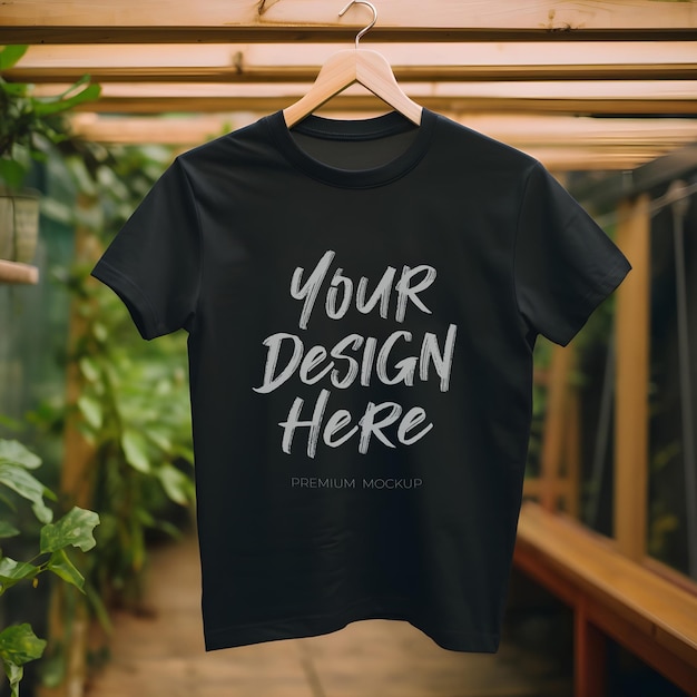 PSD black t shirt mockup hanging on a hanger