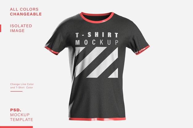 PSD un mockup di t-shirt nera con un motivo a strisce bianche e rosse.