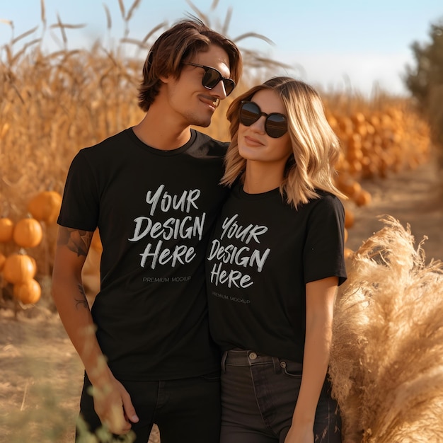 Black t shirt mockup with a young happy couple hugging