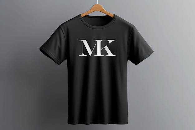 「m」の文字が入った黒いTシャツ