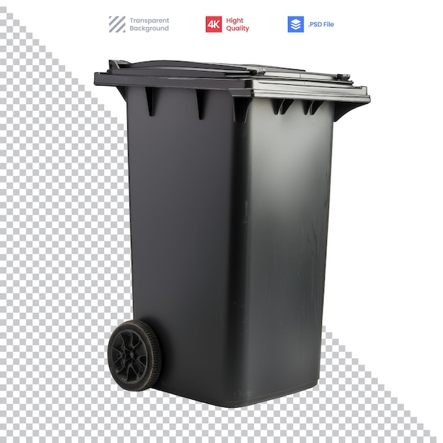 PSD black trash can with wheels on white background