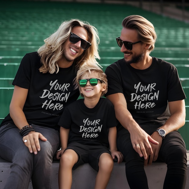 Black TShirt Mockup with two gay dads and son in Matching Outfits