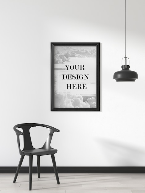 PSD black wall frame mockup on wall with chair and ceiling lamp