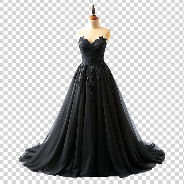 Black wedding dress on a mannequin isolated on transparent background