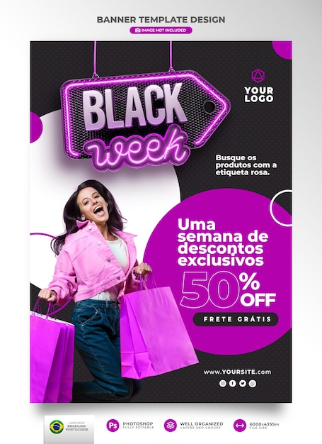 PSD black week in 3d render banner for marketing campaign in brazil in portuguese