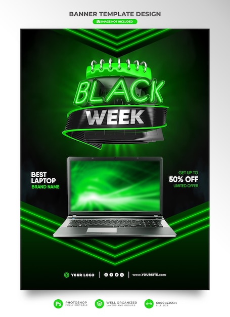 Black week banner in 3d render for marketing campaign template design