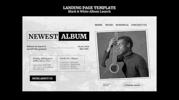 Black and white album launch landing page