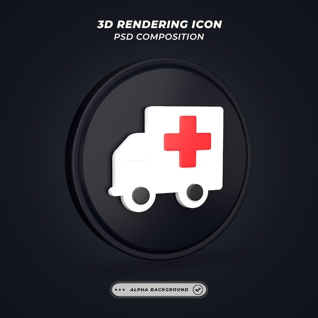 PSD black and white ambulance car icon in 3d rendering