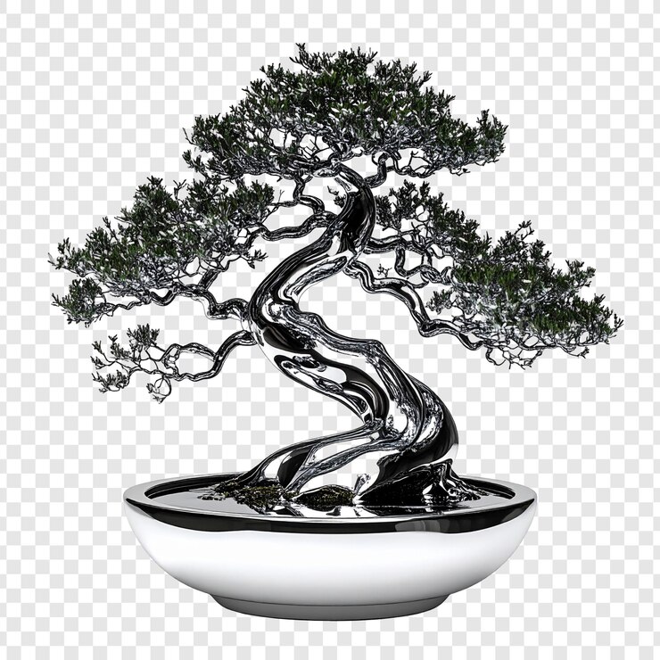 PSD black and white bonsai tree in pot image for design and education