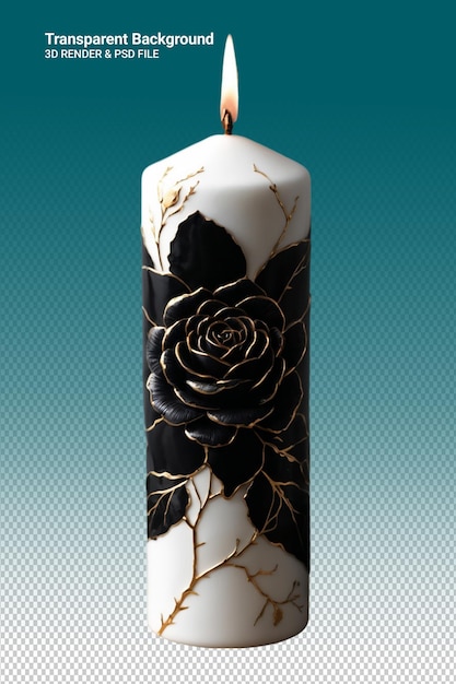 PSD a black and white candle with a gold flower on it