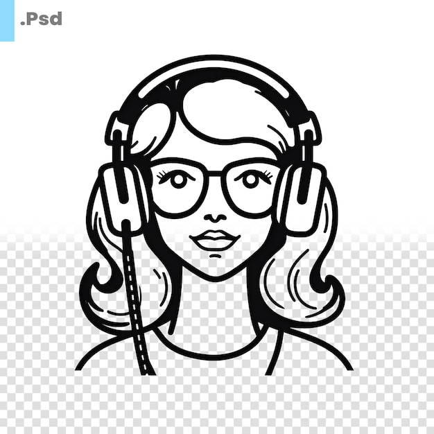 PSD black and white cartoon illustration of hipster girl with headphones psd template