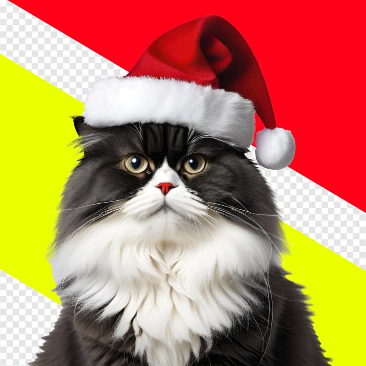 PSD black and white cat wearing a santa hat