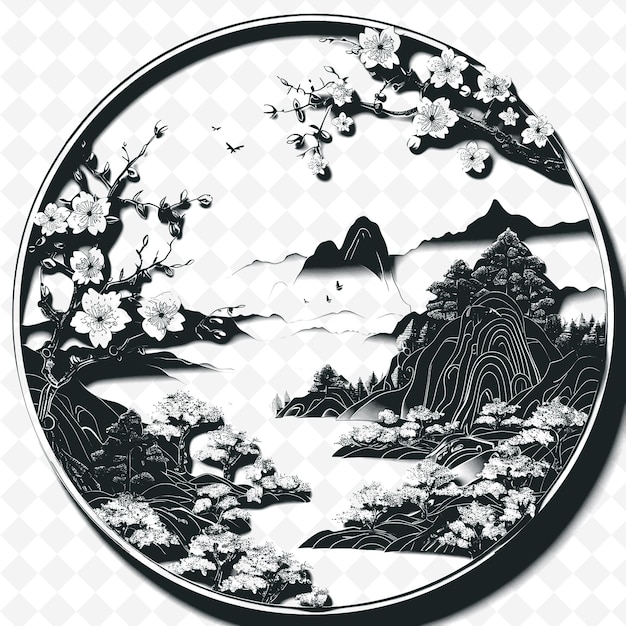 PSD a black and white coin with a picture of a landscape and trees