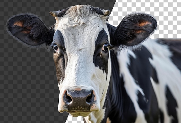 Black and white cow with attentive gaze on transparent background stock png