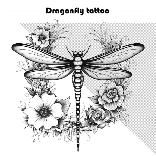 A black and white dragonfly tattoo with flowers on the top.