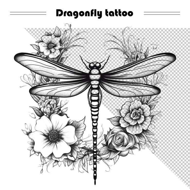 PSD a black and white dragonfly tattoo with flowers on the top.