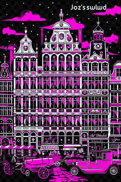 A black and white drawing of a building with a pink building in the background