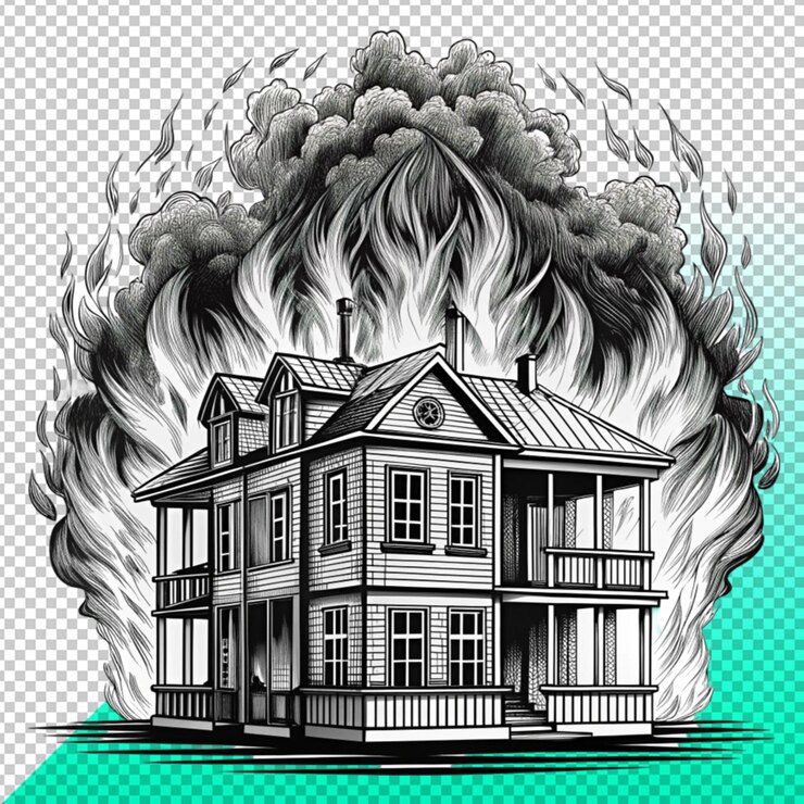 PSD black and white drawing of burning building on transperent background