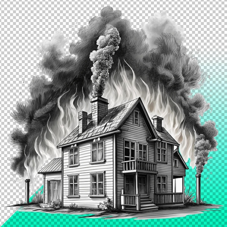 PSD black and white drawing of burning building on transperent background