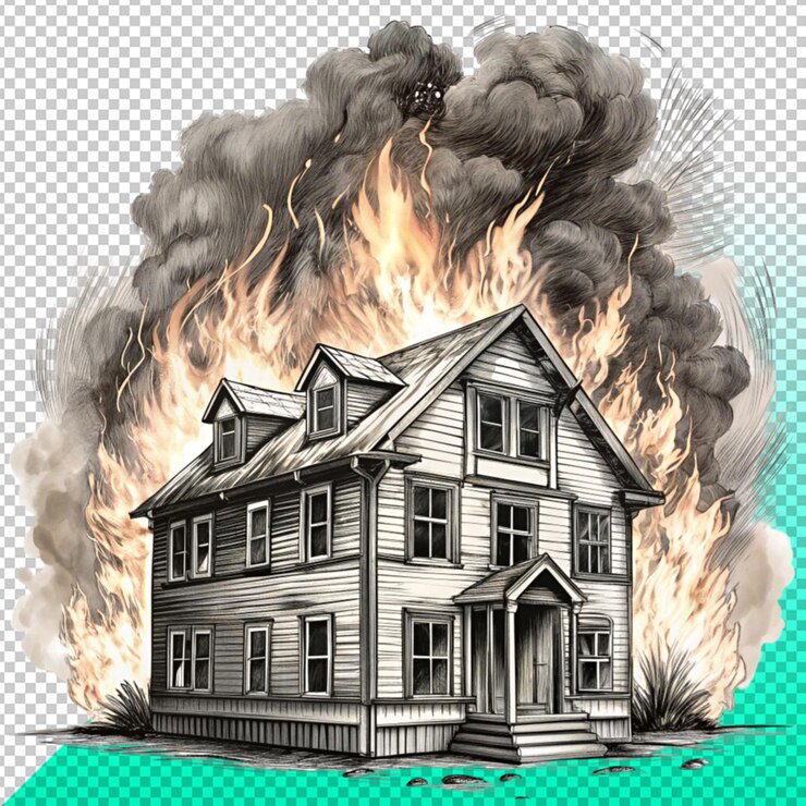 PSD black and white drawing of burning building on transperent background