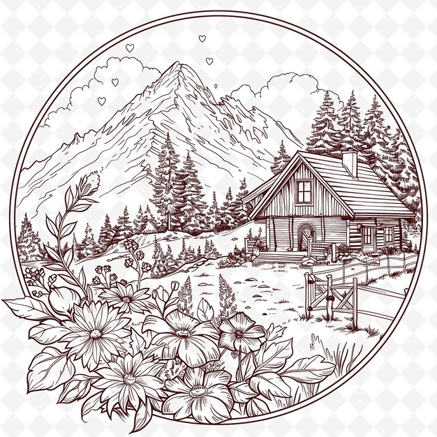 PSD a black and white drawing of a cabin with a mountain in the background