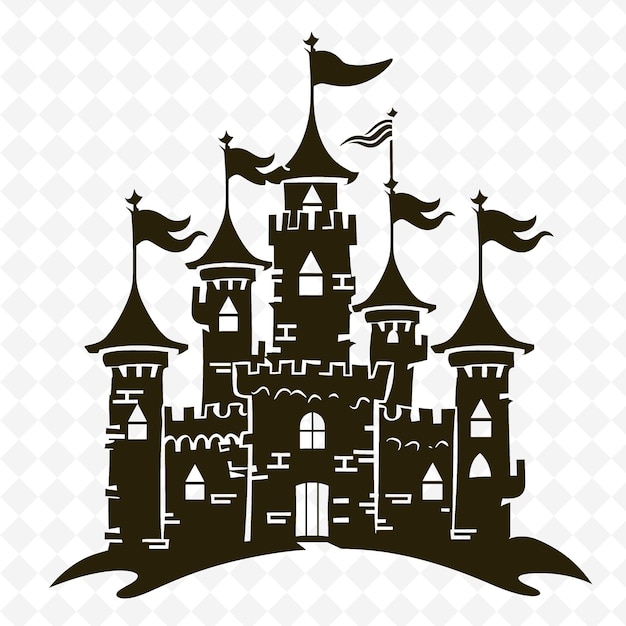 A black and white drawing of a castle with a flag on the top