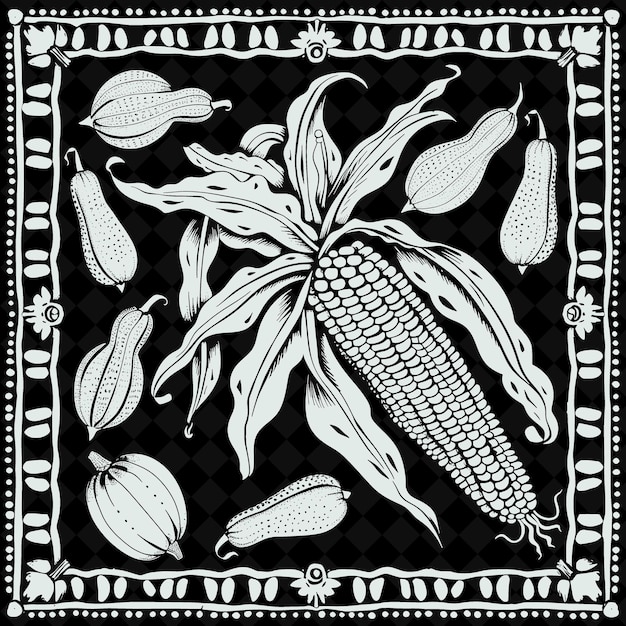 A black and white drawing of corn and corn