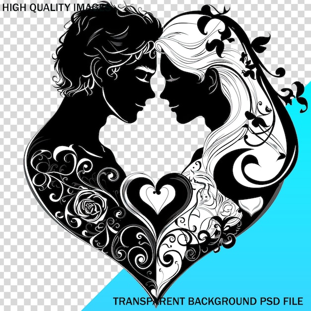 PSD a black and white drawing of a couple kissing with a heart on it