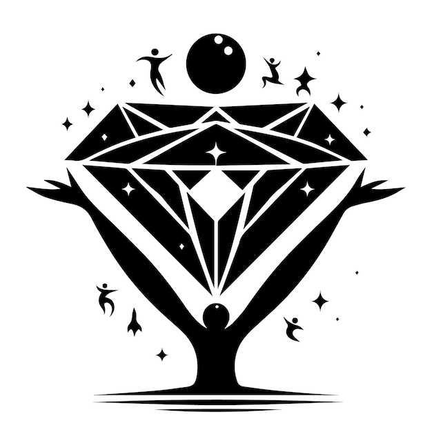 PSD a black and white drawing of a diamond with birds flying around it