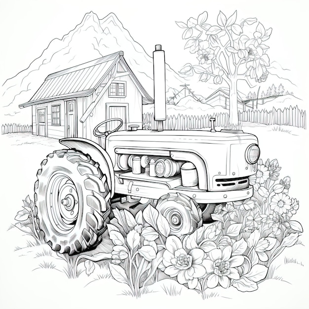 A black and white drawing of a farm house in the country.