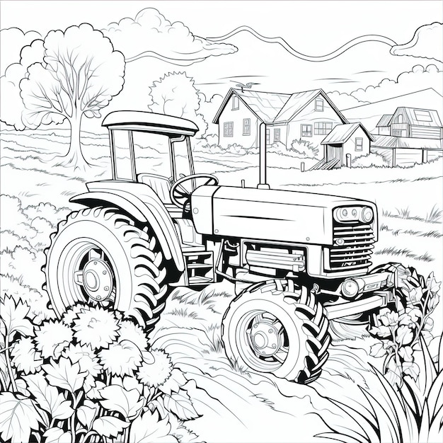 A black and white drawing of a farm with a farm house in the background.