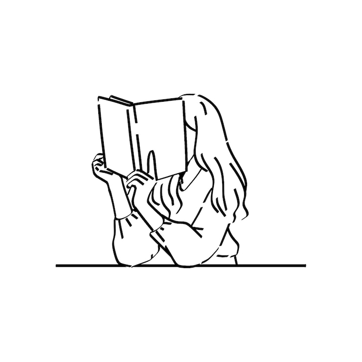 PSD a black and white drawing of a girl reading a book.