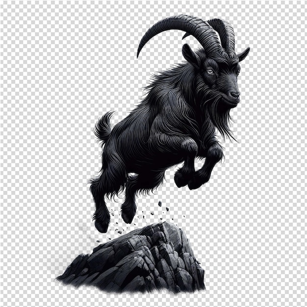 PSD a black and white drawing of a goat jumping over a cliff