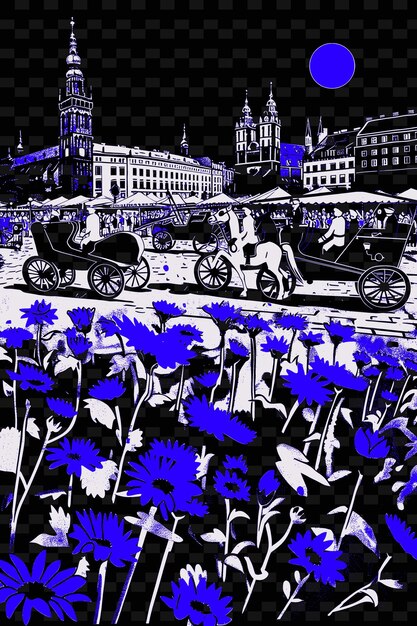 PSD a black and white drawing of a horse and carriage in a field of flowers