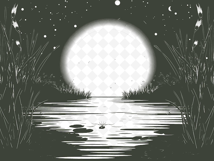 PSD a black and white drawing of a lake with a full moon in the background