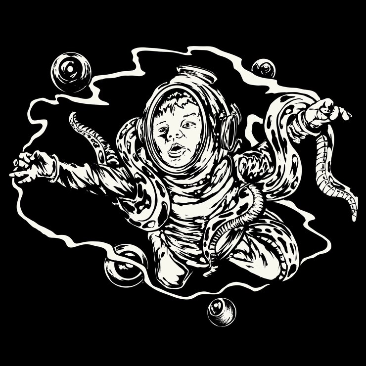 PSD a black and white drawing of a mermaid with a octopus on it