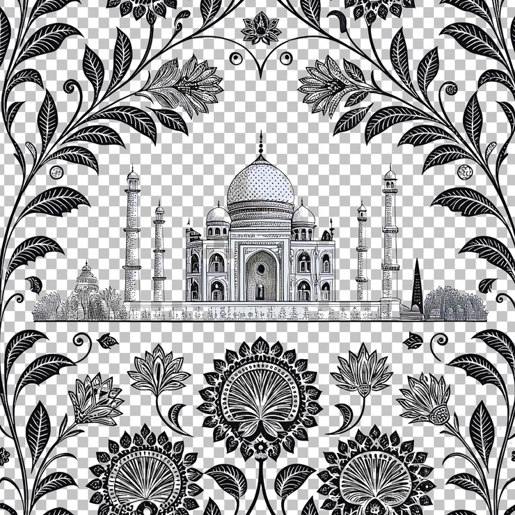 PSD a black and white drawing of a mosque