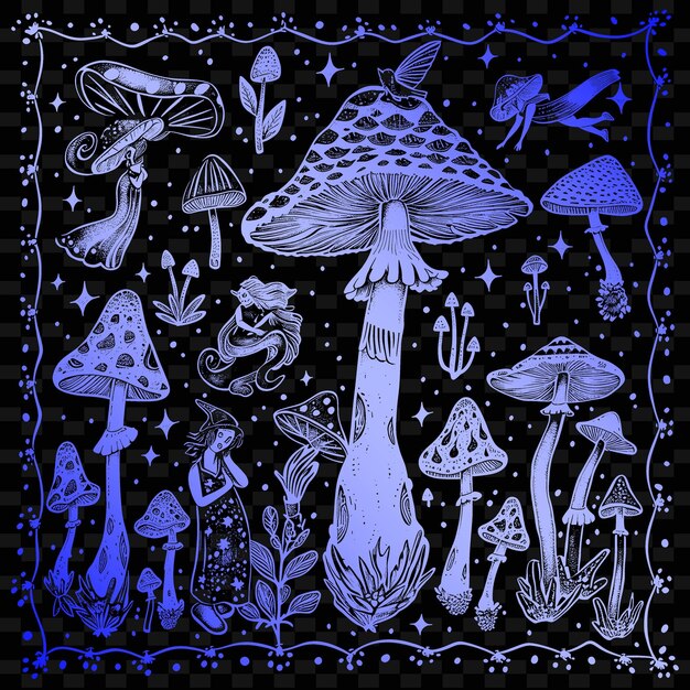 PSD a black and white drawing of mushrooms and mushrooms