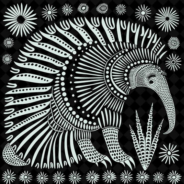 PSD a black and white drawing of a peacock with flowers and a bird
