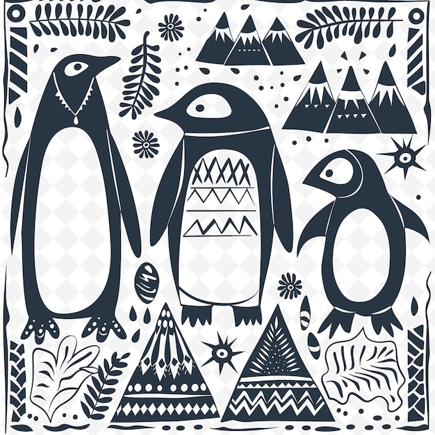 PSD a black and white drawing of penguins and trees