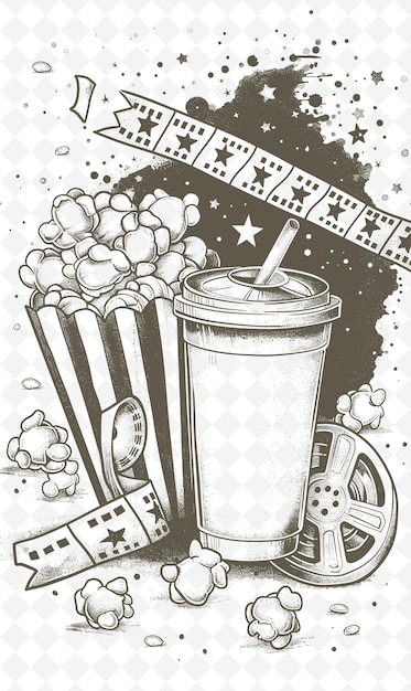 PSD a black and white drawing of a popcorn and a drink with a cup of soda