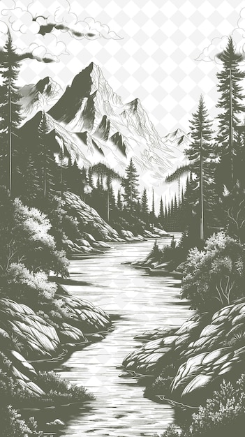 a black and white drawing of a river with a river running through it
