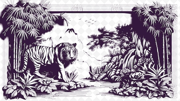 A black and white drawing of a tiger and a tiger