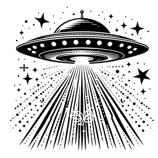 PSD a black and white drawing of a ufo with the words  alien  on it