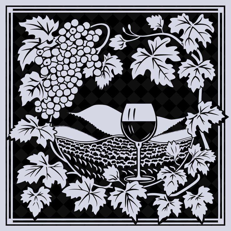 PSD a black and white drawing of a wine basket with a glass of wine