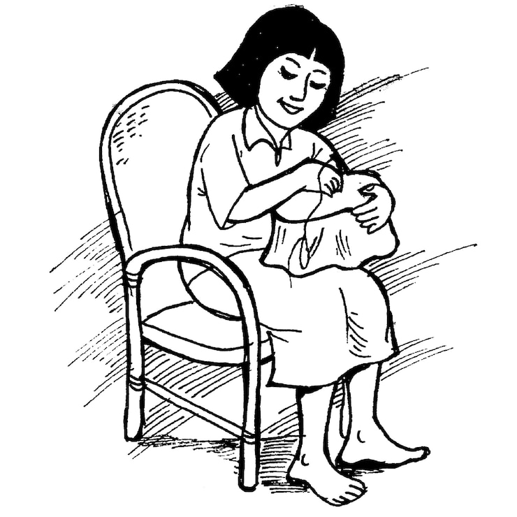 PSD a black and white drawing of a woman sitting in a chair with a cup of milk